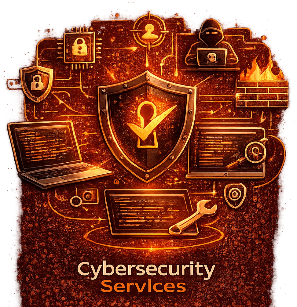 Cybersecurity services showing AI-powered threat protection, data security, firewall monitoring, and network defense solutions.