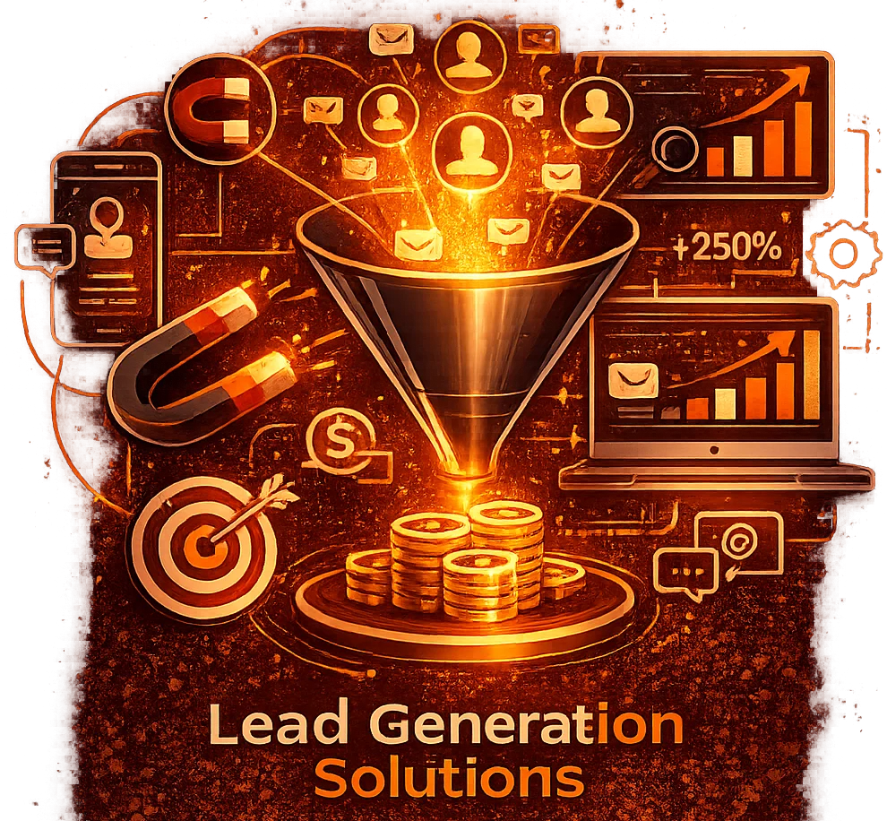 AI lead generation solutions illustration showing funnel automation, customer acquisition, and digital marketing conversion systems for business growth.