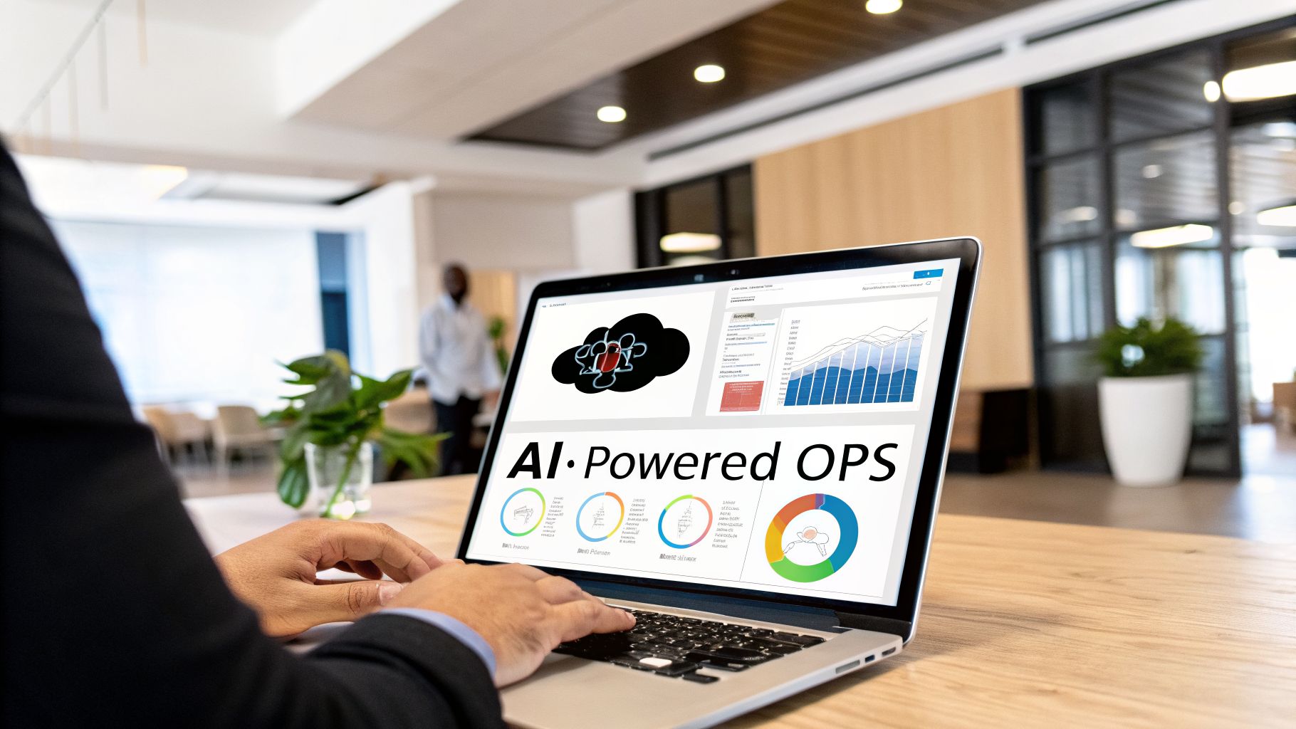 A person works on a laptop displaying 'AI-Powered OPS' and various business intelligence charts in a modern office.