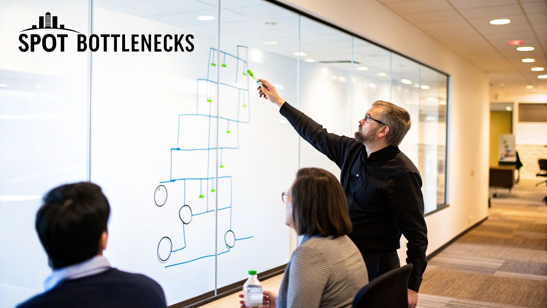 Man points at a process diagram on a glass wall, explaining bottlenecks to colleagues in an office.