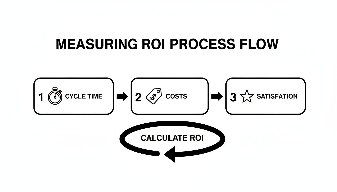 Flowchart showing the ROI measurement process, including cycle time, costs, and satisfaction leading to ROI calculation.