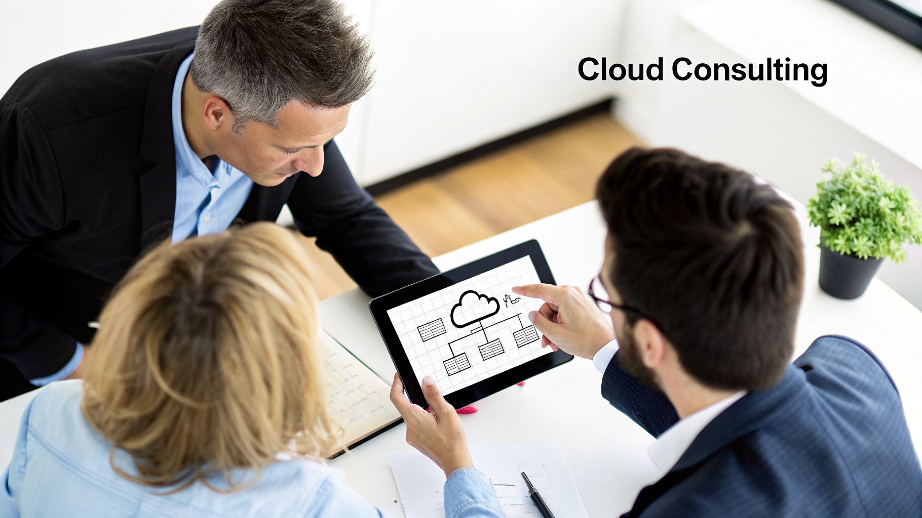 Business professionals engaging in cloud consulting, reviewing a cloud diagram on a digital tablet.