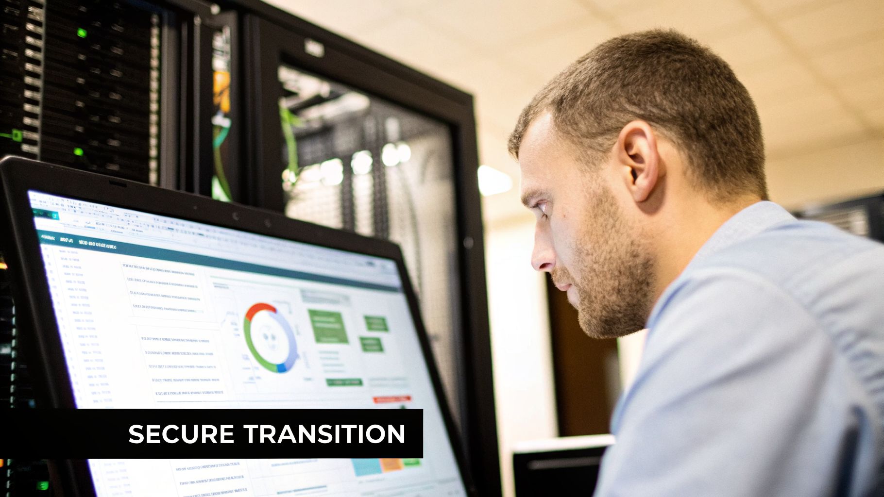 A focused man monitors data on a laptop in a secure server room environment, working on a secure transition.