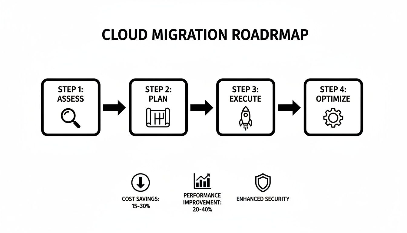 A cloud migration roadmap outlining four steps: assess, plan, execute, optimize, and key benefits like cost savings, performance, and enhanced security.