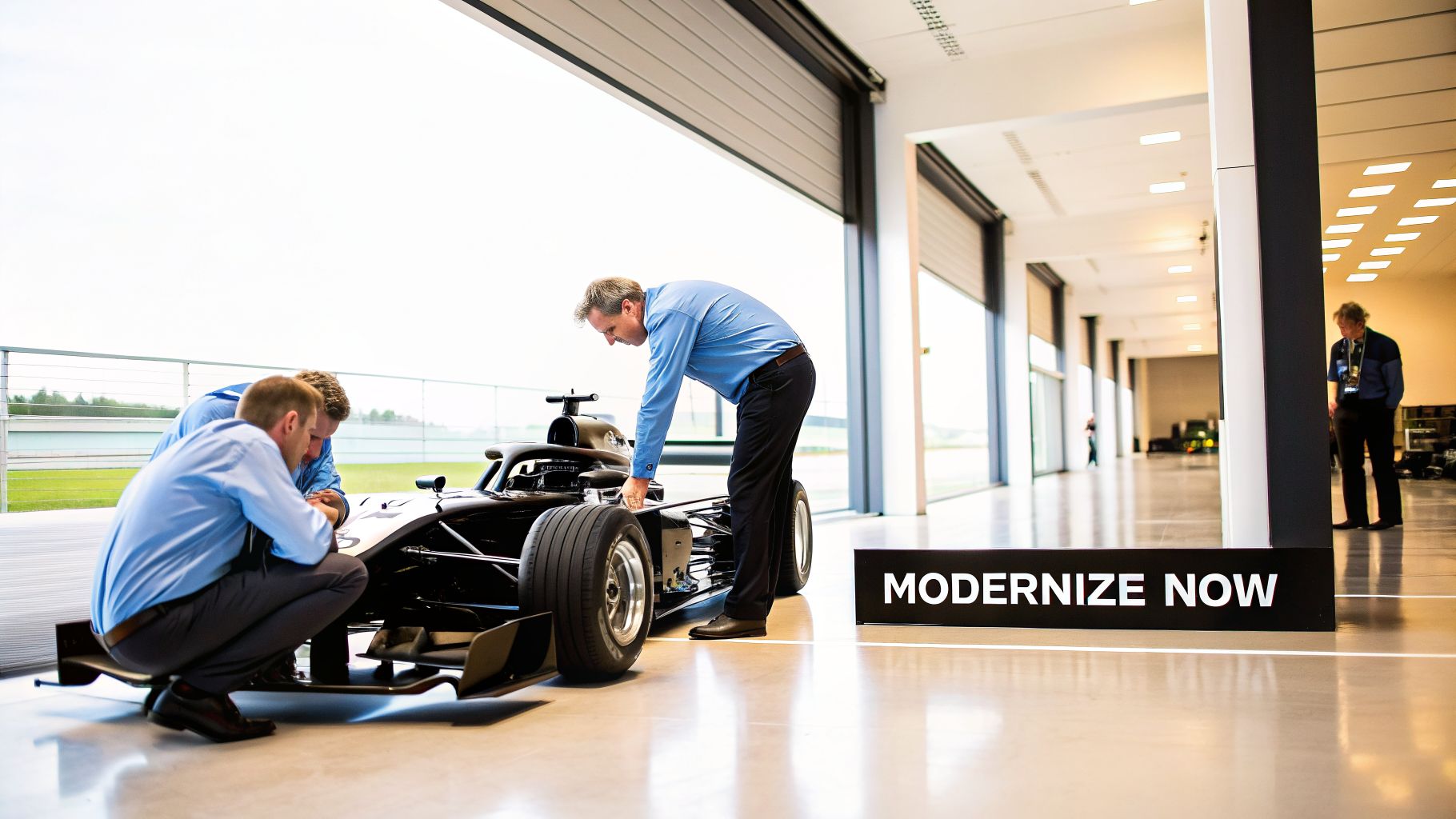 Three men inspect a sleek black race car inside a modern building with a 'MODERNIZE NOW' sign.