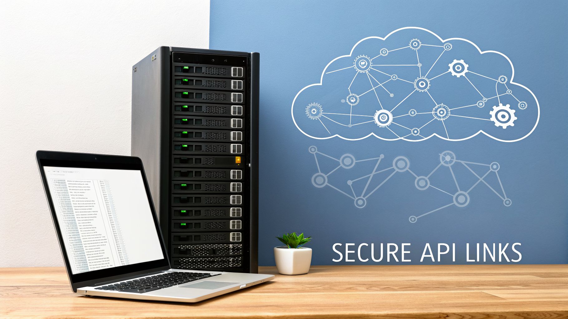 A server rack, laptop, and cloud network graphic on a blue wall with 'SECURE API LINKS' text.
