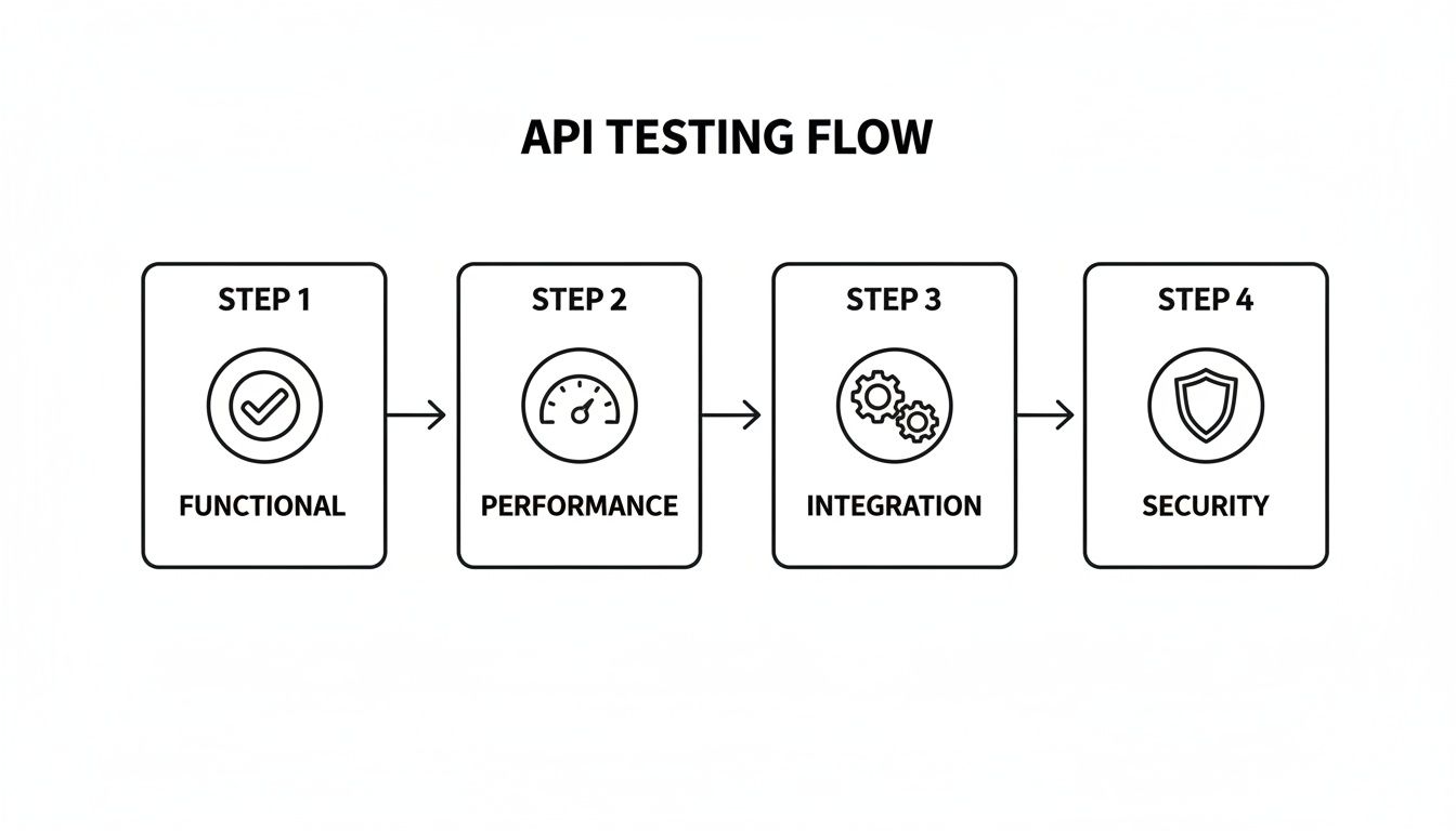 An API testing flow diagram showing four sequential steps: functional, performance, integration, and security.