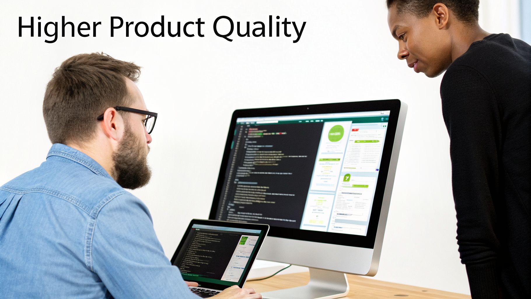 Two developers collaborating on code and a dashboard, aiming for higher product quality.