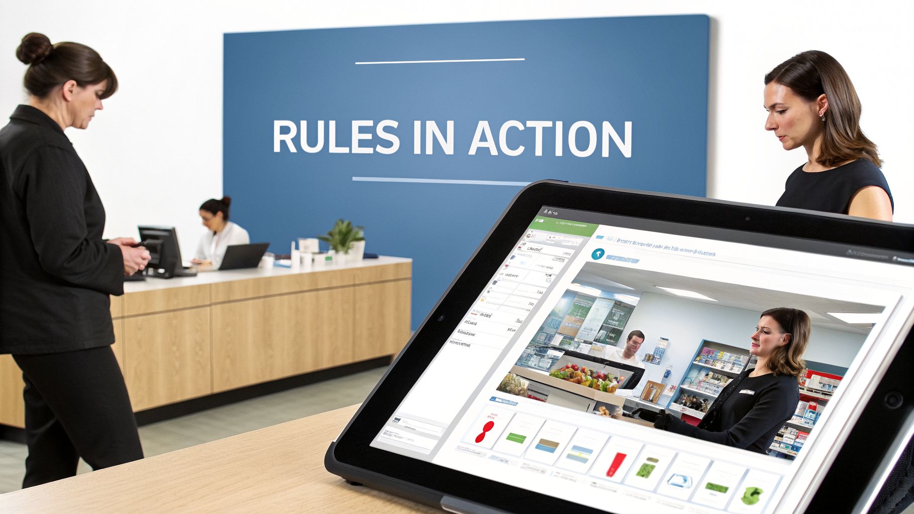 A tablet displays a business application showing a woman at a counter, in a modern office setting.