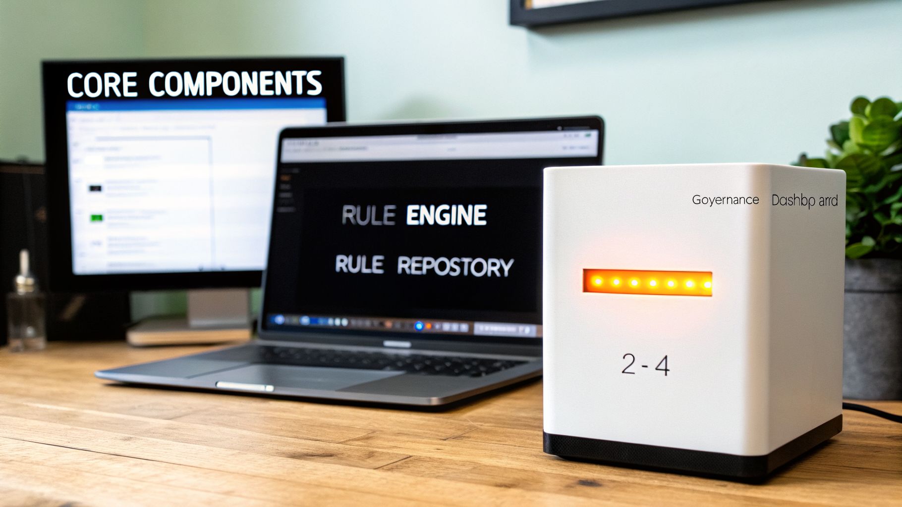 Desktop with monitor, laptop displaying 'Rule Engine' and 'Rule Repository', and a white device.