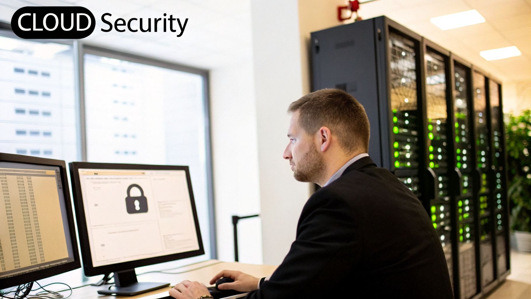 An IT professional monitors cloud security on dual monitors in a data center environment with server racks.