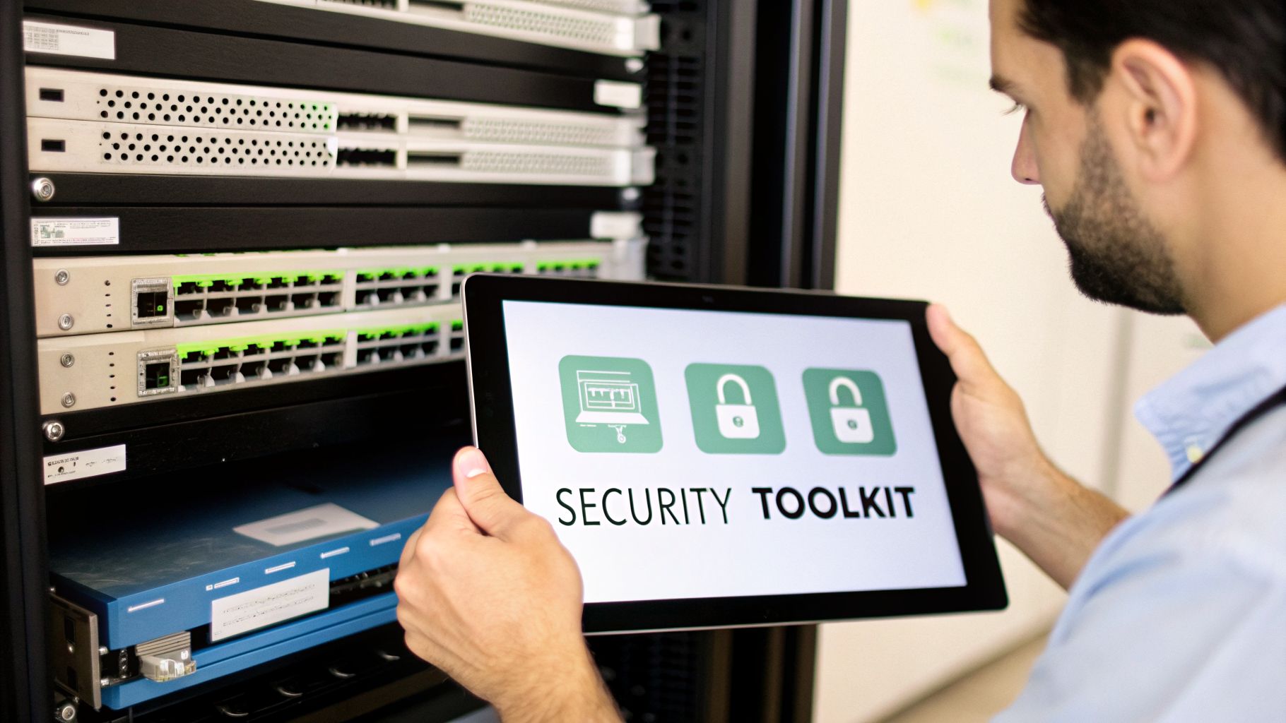 IT professional uses a tablet with a 'SECURITY TOOLKIT' app in a server room, managing network security.