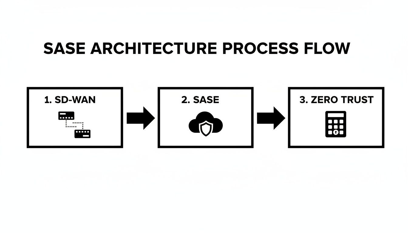 A SASE architecture process flow diagram illustrating the transition from SD-WAN to SASE, then to Zero Trust.